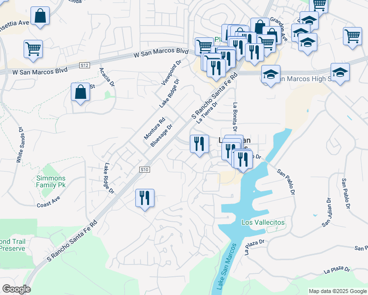 map of restaurants, bars, coffee shops, grocery stores, and more near 1651 Waterlily Way in San Marcos