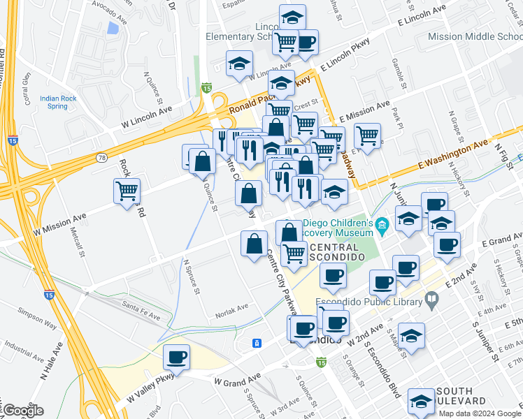 map of restaurants, bars, coffee shops, grocery stores, and more near 430 West Washington Avenue in Escondido