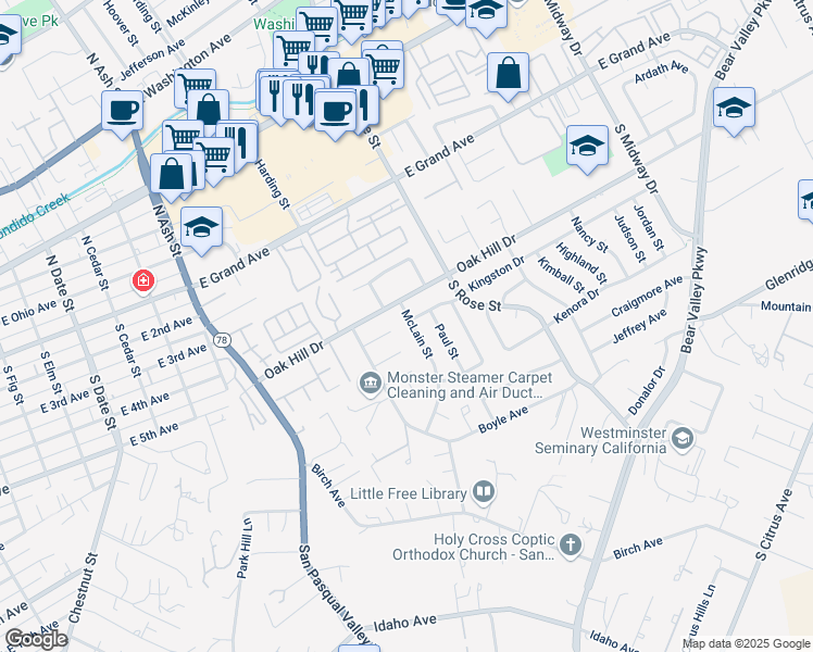 map of restaurants, bars, coffee shops, grocery stores, and more near 525 McLain Street in Escondido