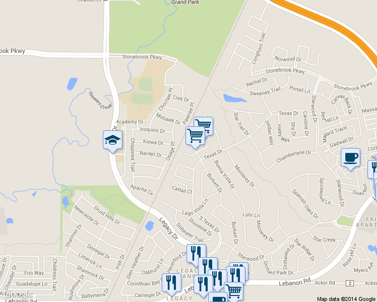 map of restaurants, bars, coffee shops, grocery stores, and more near 5336 Breckenridge Ct in Frisco