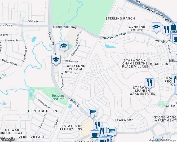 map of restaurants, bars, coffee shops, grocery stores, and more near 5336 Breckenridge Court in Frisco