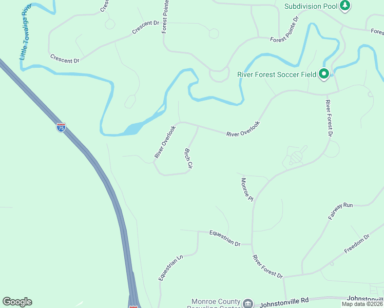 map of restaurants, bars, coffee shops, grocery stores, and more near 105 Birch Circle in Forsyth