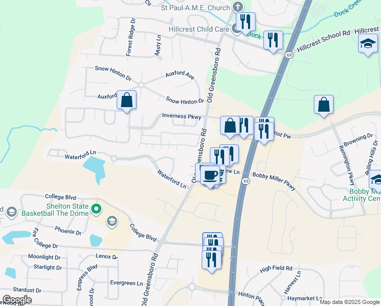 map of restaurants, bars, coffee shops, grocery stores, and more near 8920 Old Greensboro Road in Tuscaloosa