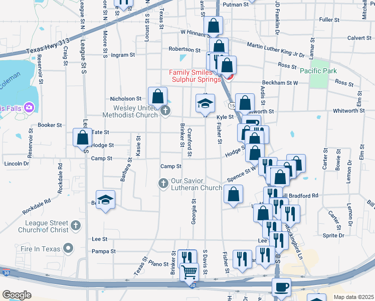 map of restaurants, bars, coffee shops, grocery stores, and more near 833 Cranford Street in Sulphur Springs