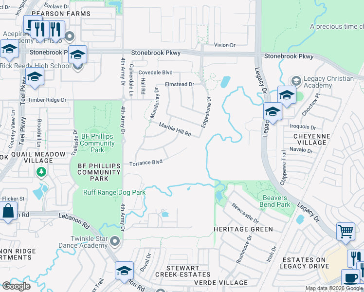 map of restaurants, bars, coffee shops, grocery stores, and more near 3824 Torrance Boulevard in Frisco