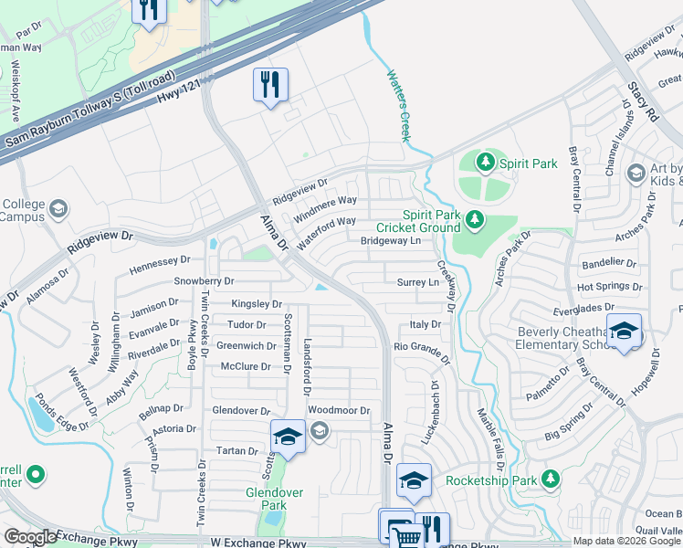 map of restaurants, bars, coffee shops, grocery stores, and more near 1217 Arbor Park Drive in Allen