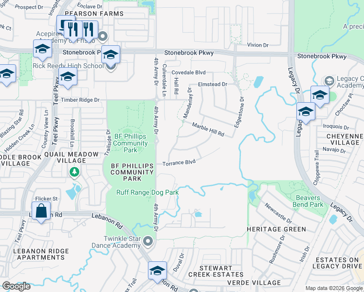 map of restaurants, bars, coffee shops, grocery stores, and more near 3652 Hamilton Heights Avenue in Frisco