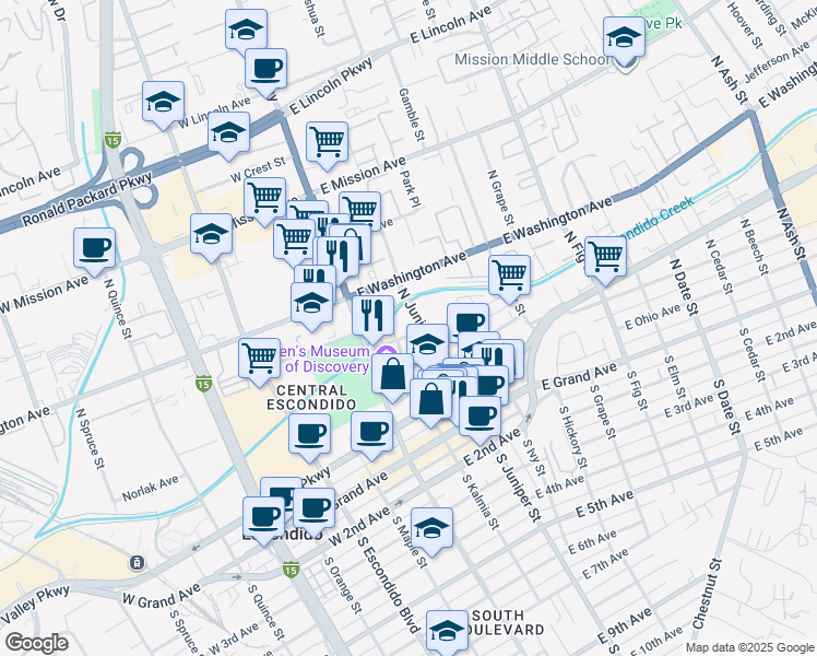 map of restaurants, bars, coffee shops, grocery stores, and more near 264 Clark Street in Escondido
