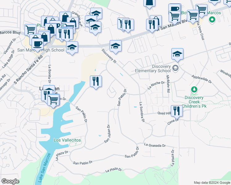 map of restaurants, bars, coffee shops, grocery stores, and more near 1858 Fairway Circle Drive in San Marcos