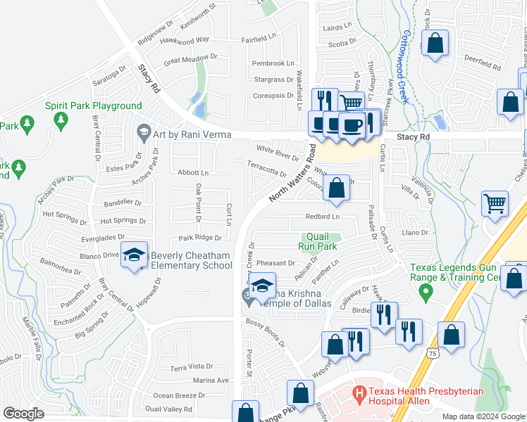 map of restaurants, bars, coffee shops, grocery stores, and more near 956 Redbird Lane in Allen
