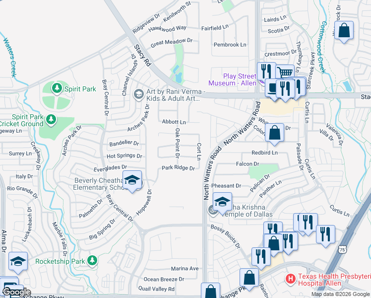 map of restaurants, bars, coffee shops, grocery stores, and more near 953 Byron Street in Allen