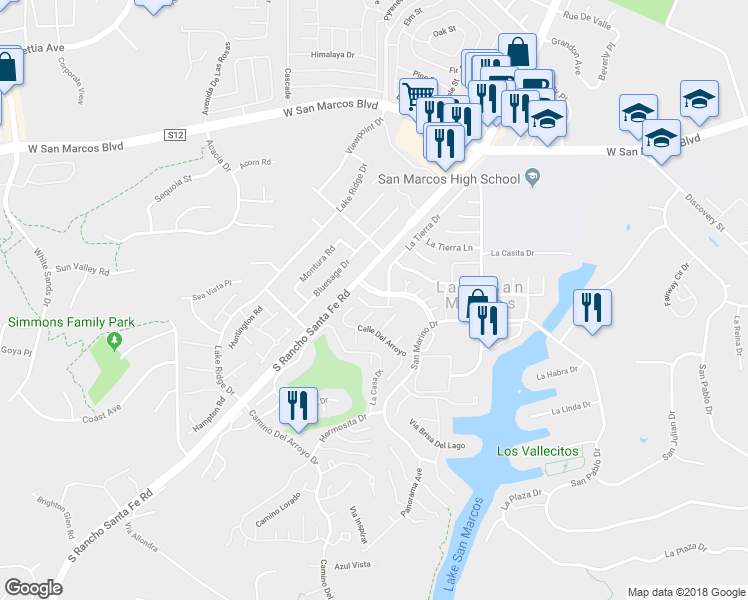 map of restaurants, bars, coffee shops, grocery stores, and more near 1651 Waterlily Way in San Marcos