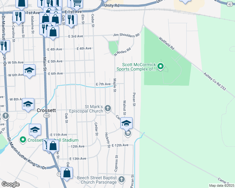 map of restaurants, bars, coffee shops, grocery stores, and more near 709 Maple Street in Crossett