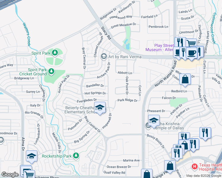 map of restaurants, bars, coffee shops, grocery stores, and more near 2016 Hopewell Drive in Allen