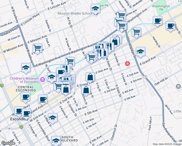 map of restaurants, bars, coffee shops, grocery stores, and more near 201 North Fig Street in Escondido