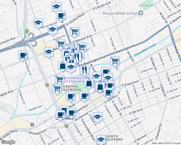 map of restaurants, bars, coffee shops, grocery stores, and more near 421 Waverly Place in Escondido