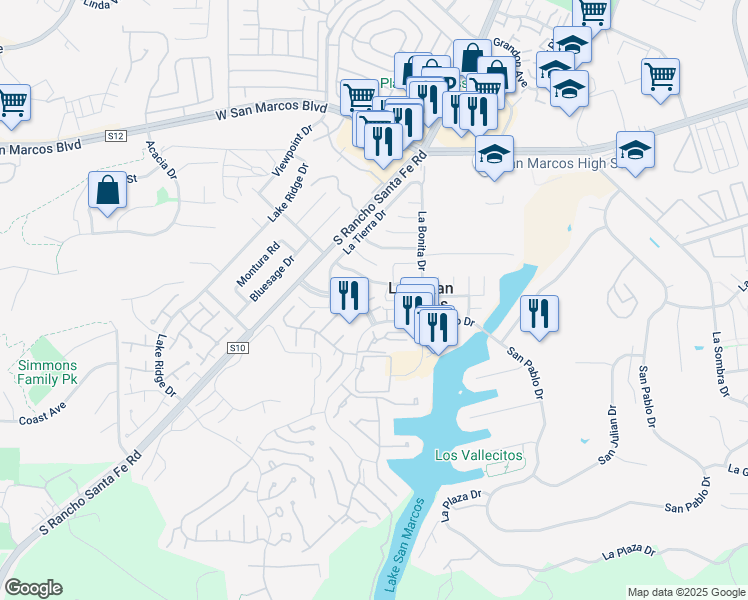 map of restaurants, bars, coffee shops, grocery stores, and more near 1651 Sonata Lane in San Marcos