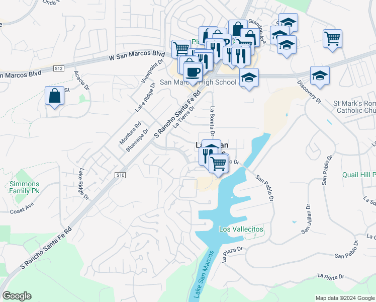 map of restaurants, bars, coffee shops, grocery stores, and more near 1021 Martina Court in San Marcos
