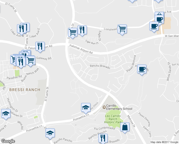map of restaurants, bars, coffee shops, grocery stores, and more near 6130 Paseo Jaquita in Carlsbad