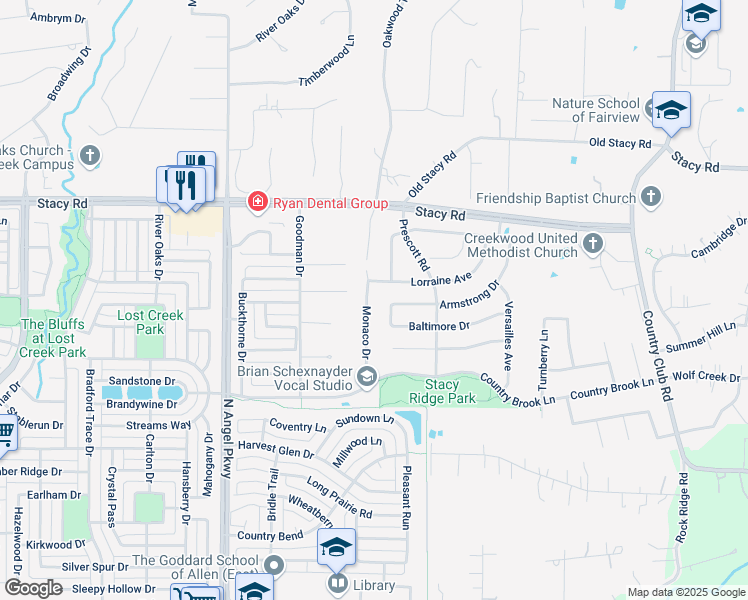 map of restaurants, bars, coffee shops, grocery stores, and more near 1726 Monaco Dr in Allen