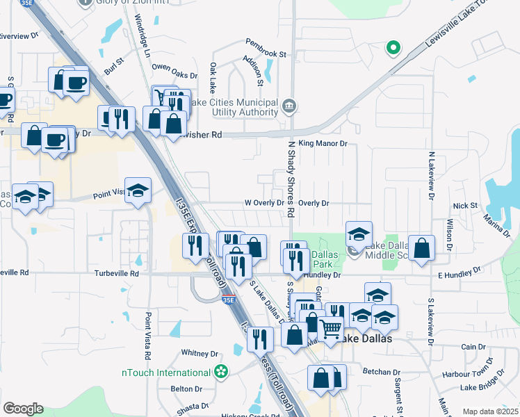 map of restaurants, bars, coffee shops, grocery stores, and more near 62 Lakehaven Drive in Lake Dallas