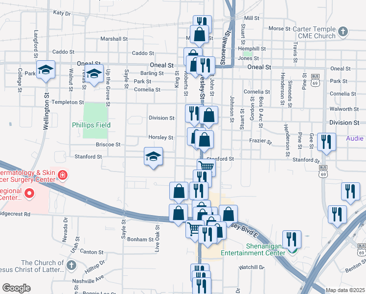 map of restaurants, bars, coffee shops, grocery stores, and more near 4308 Roberts Street in Greenville