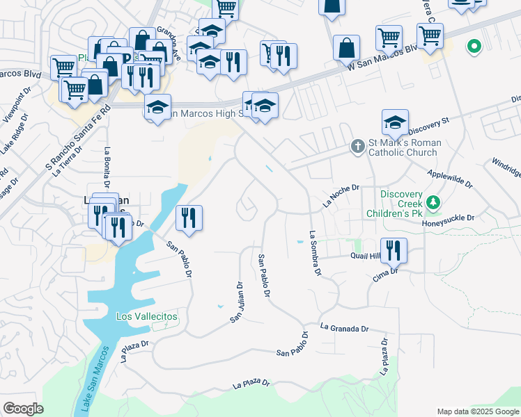 map of restaurants, bars, coffee shops, grocery stores, and more near 1836 Fairway Circle Drive in San Marcos