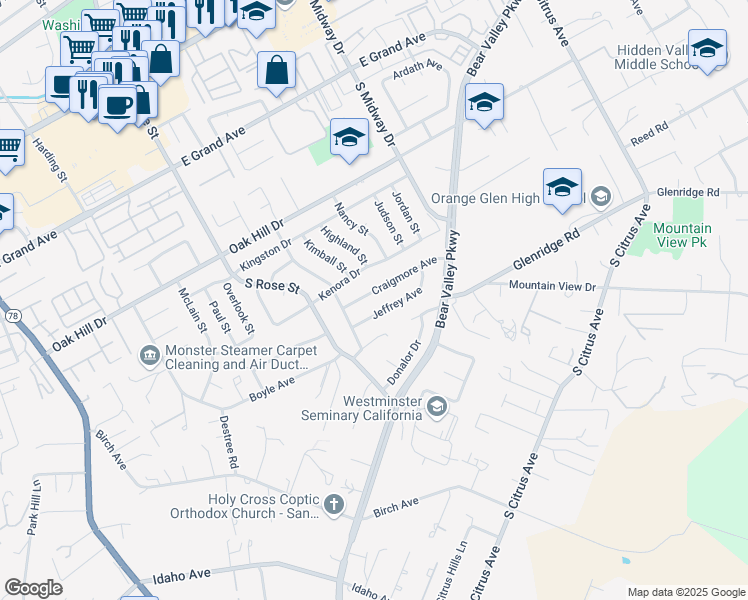 map of restaurants, bars, coffee shops, grocery stores, and more near 1747 Craigmore Avenue in Escondido