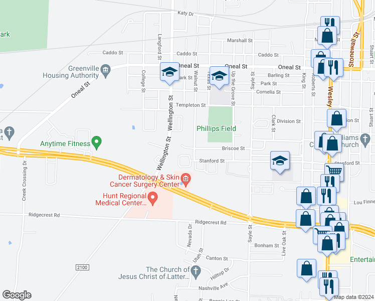 map of restaurants, bars, coffee shops, grocery stores, and more near 3903 Briscoe Street in Greenville