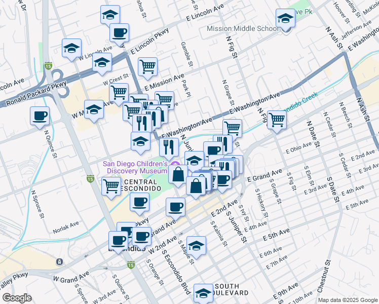 map of restaurants, bars, coffee shops, grocery stores, and more near 405 North Juniper Street in Escondido