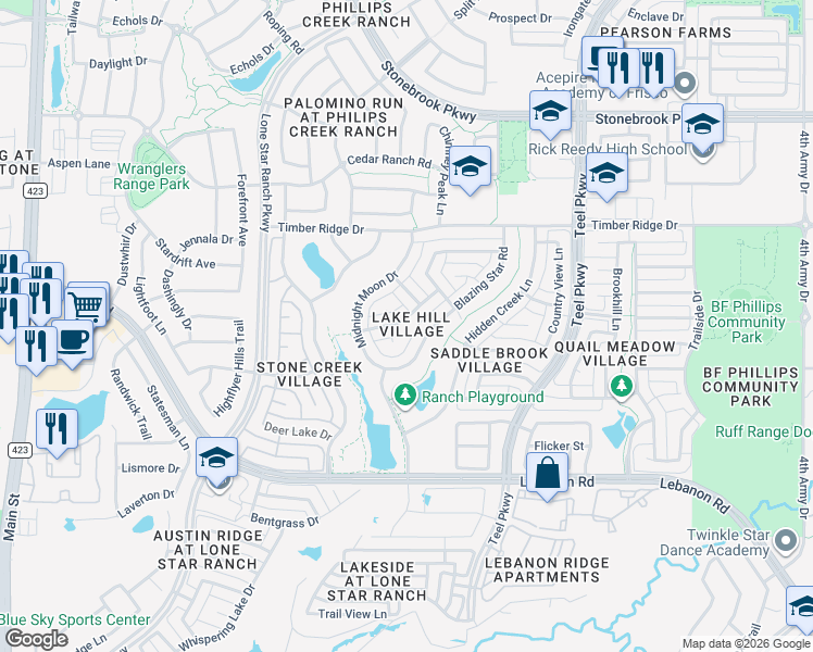 map of restaurants, bars, coffee shops, grocery stores, and more near 1657 Kings View Drive in Frisco