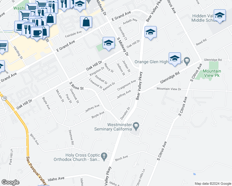 map of restaurants, bars, coffee shops, grocery stores, and more near 1747 Craigmore Avenue in Escondido