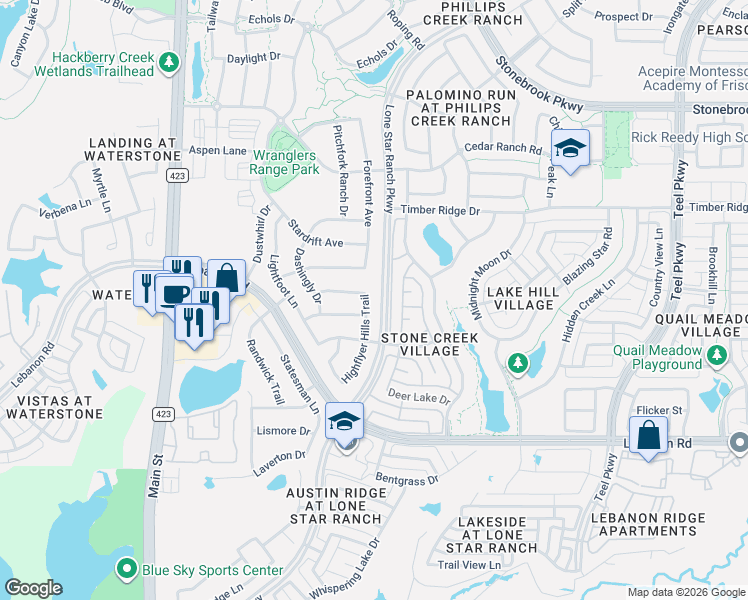 map of restaurants, bars, coffee shops, grocery stores, and more near 5662 Highflyer Hills Trail in Frisco