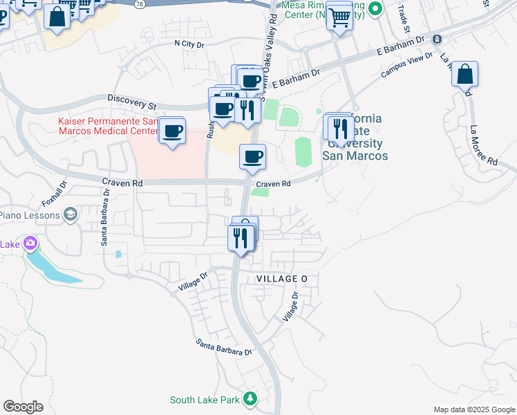map of restaurants, bars, coffee shops, grocery stores, and more near 607 South Twin Oaks Valley Road in San Marcos