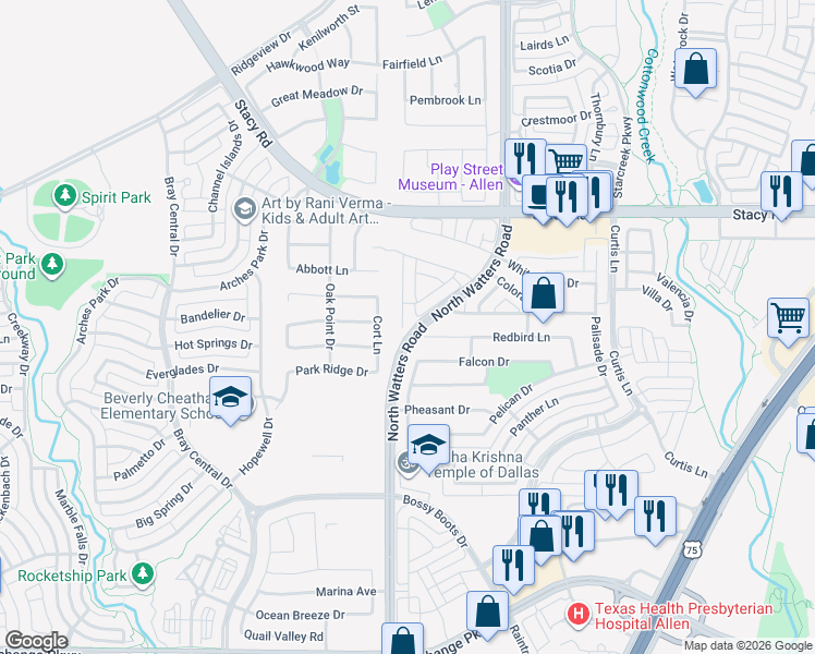 map of restaurants, bars, coffee shops, grocery stores, and more near 956 Redbird Lane in Allen
