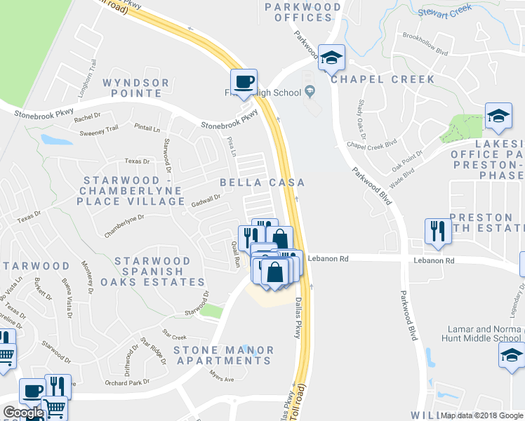 map of restaurants, bars, coffee shops, grocery stores, and more near 6821 Cortona Lane in Frisco