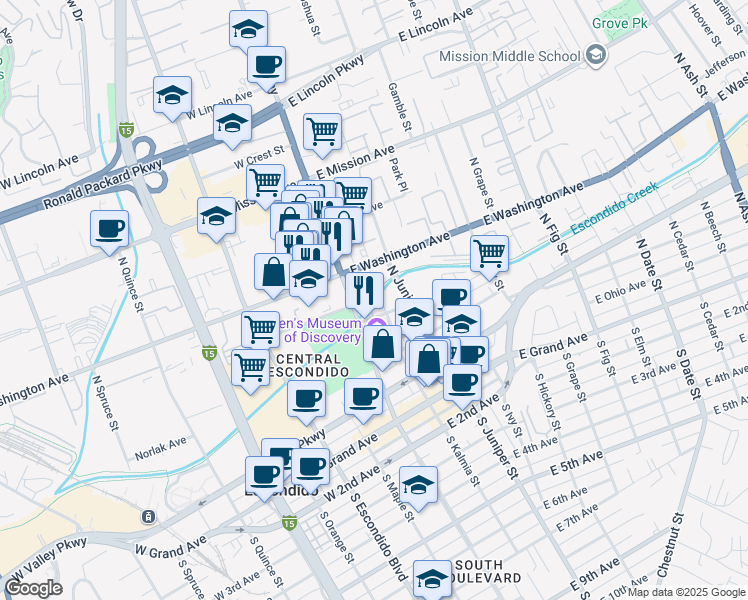 map of restaurants, bars, coffee shops, grocery stores, and more near 421 Waverly Place in Escondido