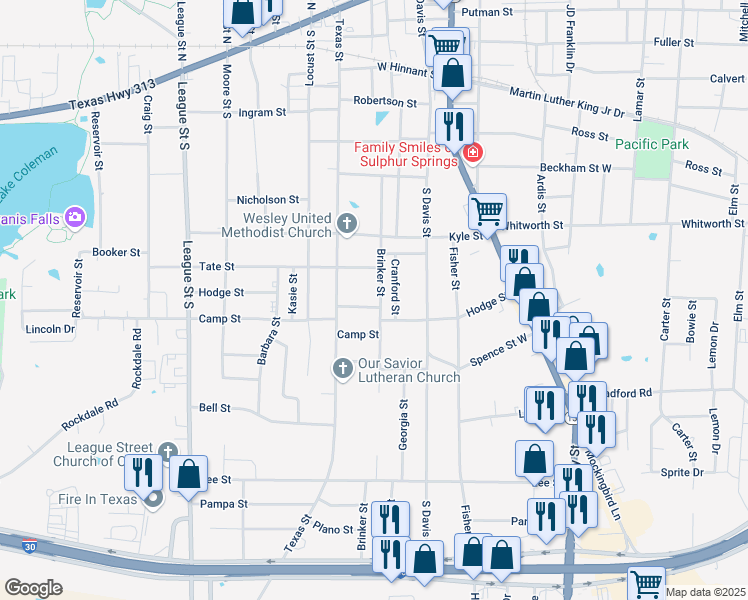 map of restaurants, bars, coffee shops, grocery stores, and more near 411 Hodge Street in Sulphur Springs