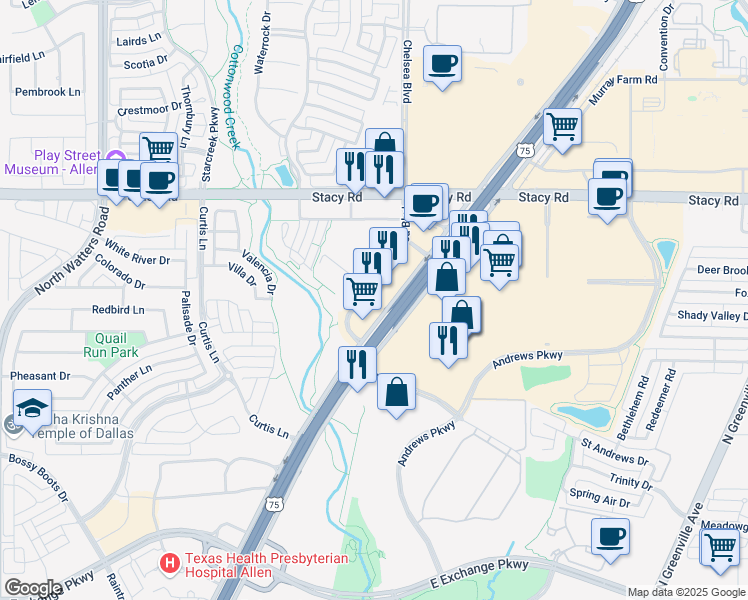 map of restaurants, bars, coffee shops, grocery stores, and more near 1851 North Central Expressway in Allen