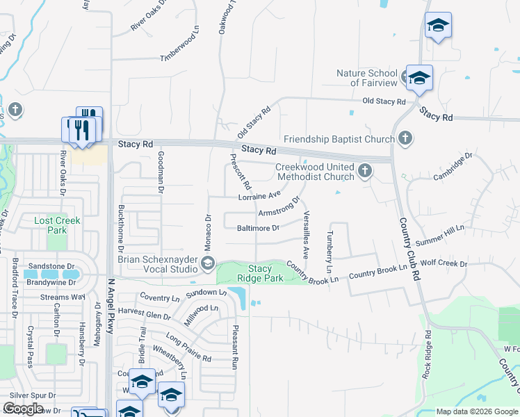 map of restaurants, bars, coffee shops, grocery stores, and more near 1901 Armstrong Drive in Allen