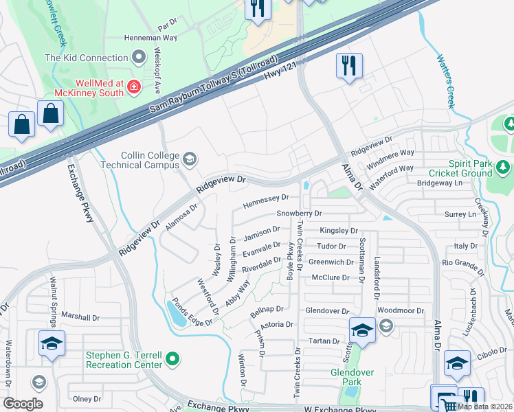 map of restaurants, bars, coffee shops, grocery stores, and more near 1527 Hennessey Drive in Allen