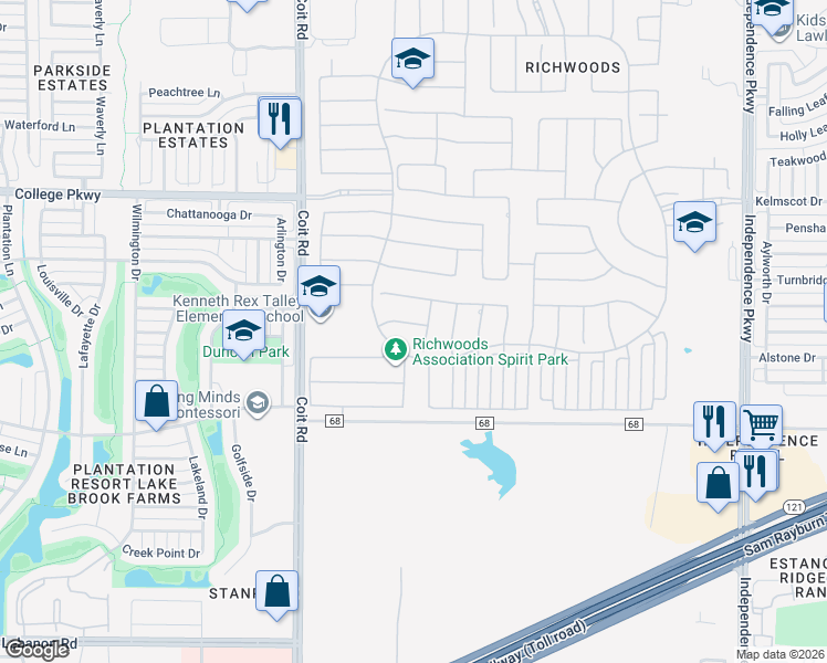 map of restaurants, bars, coffee shops, grocery stores, and more near 13249 Juliet Way in Frisco