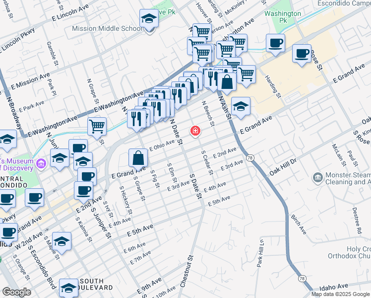 map of restaurants, bars, coffee shops, grocery stores, and more near 842 East Grand Avenue in Escondido