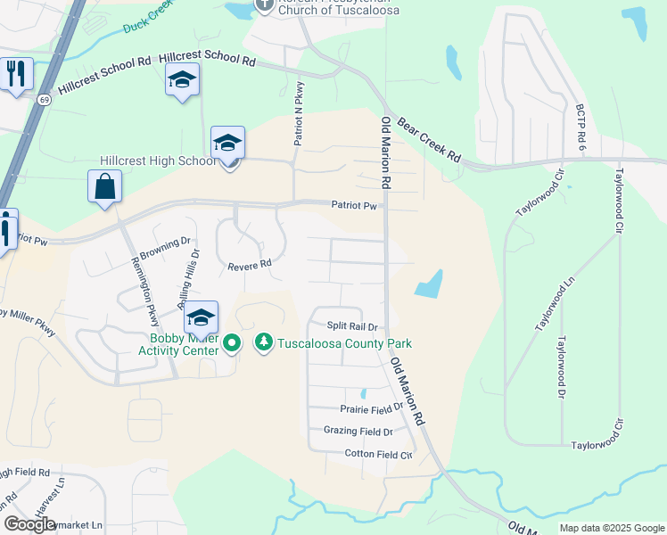 map of restaurants, bars, coffee shops, grocery stores, and more near 163 Wexford Way in Tuscaloosa