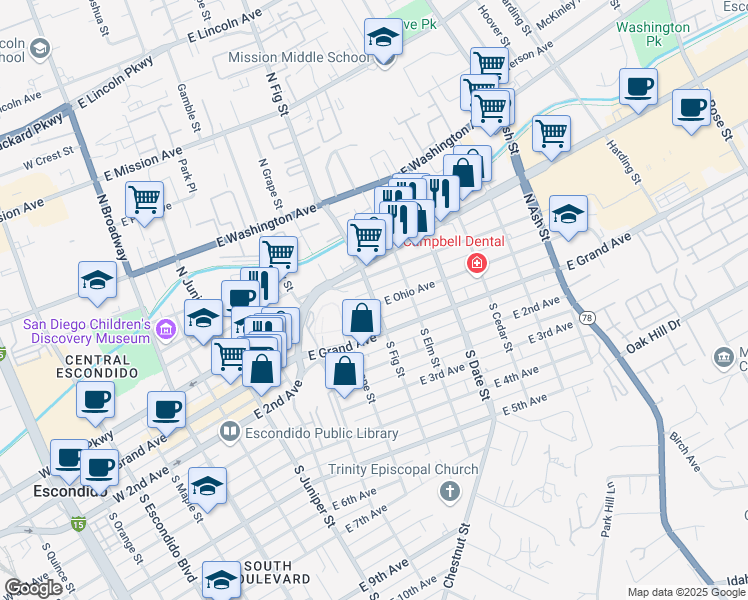 map of restaurants, bars, coffee shops, grocery stores, and more near 201 North Fig Street in Escondido