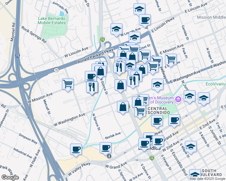 map of restaurants, bars, coffee shops, grocery stores, and more near 660 North Quince Street in Escondido
