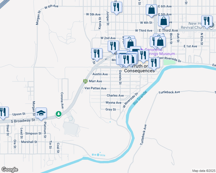 map of restaurants, bars, coffee shops, grocery stores, and more near 605 Van Patten Street in Truth or Consequences