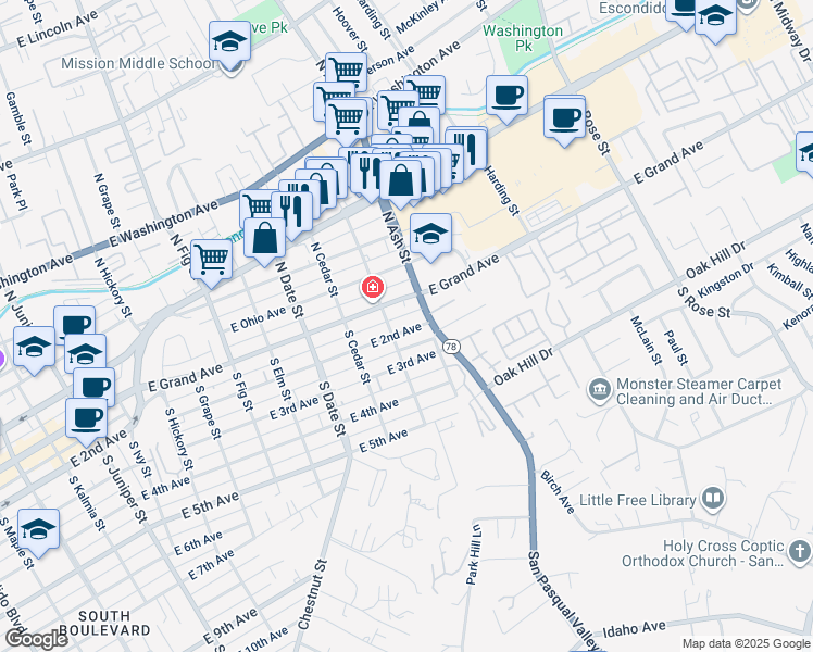map of restaurants, bars, coffee shops, grocery stores, and more near 1126 East 2nd Avenue in Escondido