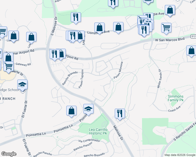 map of restaurants, bars, coffee shops, grocery stores, and more near 3220 Rancho Companero in Carlsbad