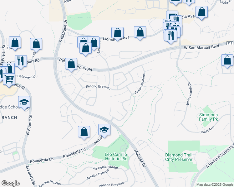 map of restaurants, bars, coffee shops, grocery stores, and more near 3224 Rancho Companero in Carlsbad
